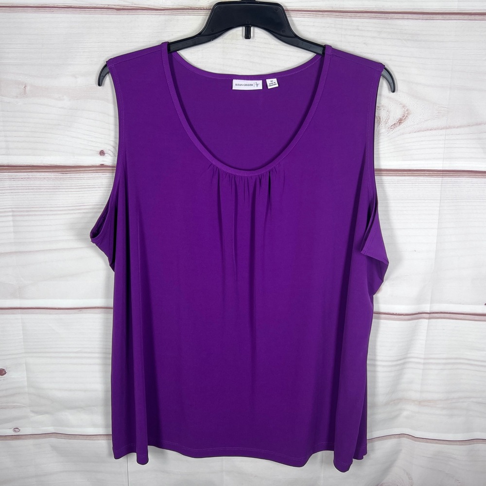 Susan Graver Tank Top Women 3X Purple Sleeveless Scoop Neck Pleated Liquid Knit